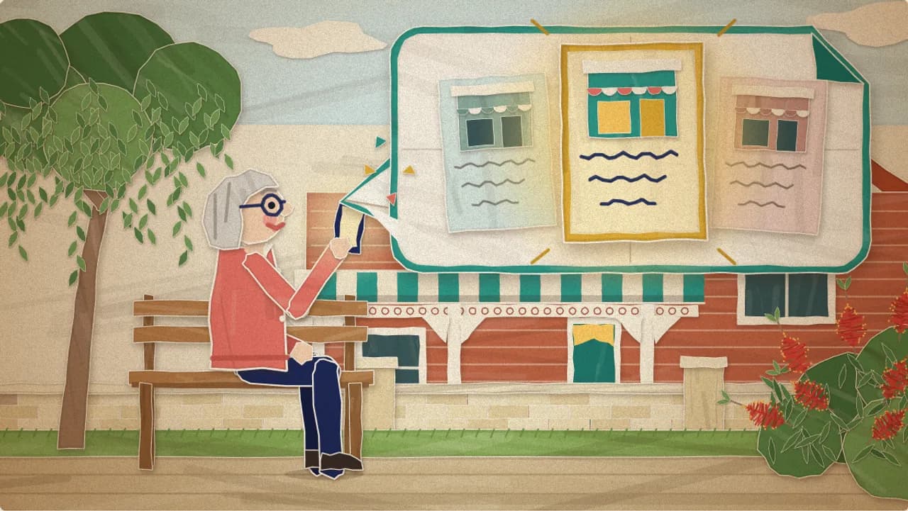 Paper scene: a woman on a bench asks her phone, and three shop cards unfold from the answer