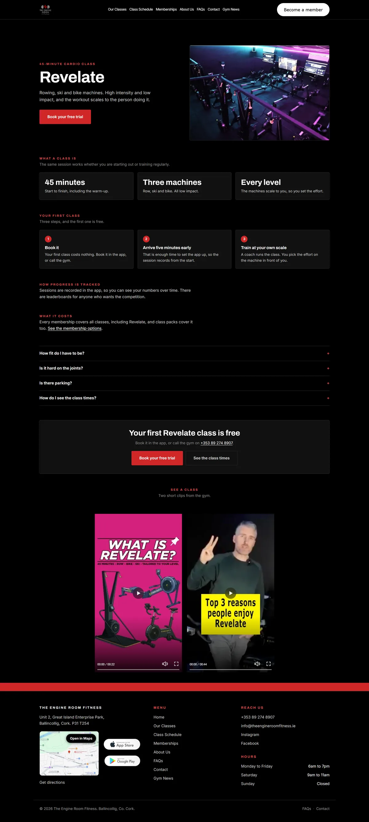 The Revelate page after: hero, fact tiles, first-class steps, FAQ, booking panel, then the same two videos