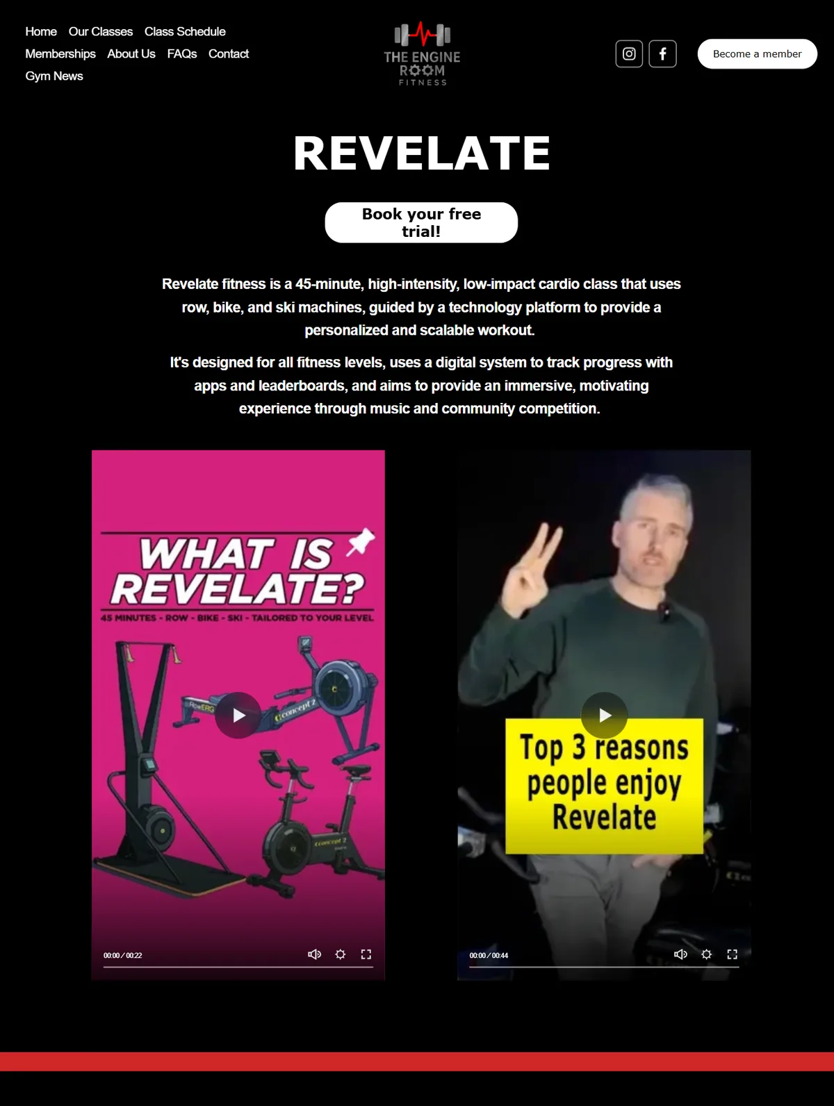 The Revelate page before: a centred heading, a button, two paragraphs and two portrait videos