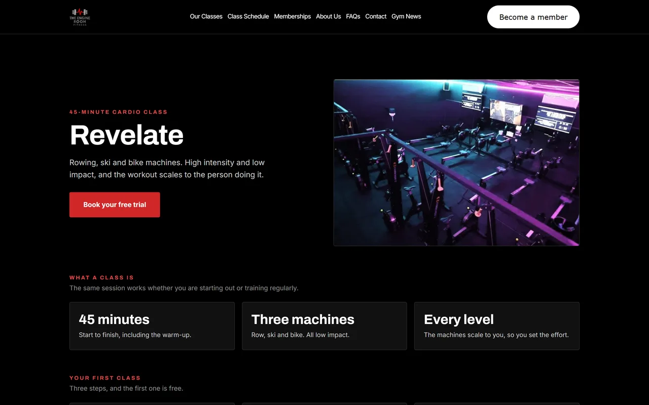 The Engine Room Fitness Revelate page on desktop after the refresh: hero photo, class name, one-line description and a free-trial button