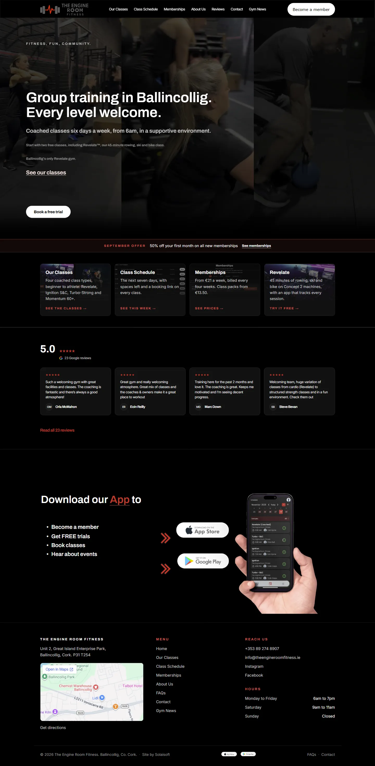 The Engine Room Fitness home page after: hero, offer strip, four shortcut cards, reviews, app promo and full footer