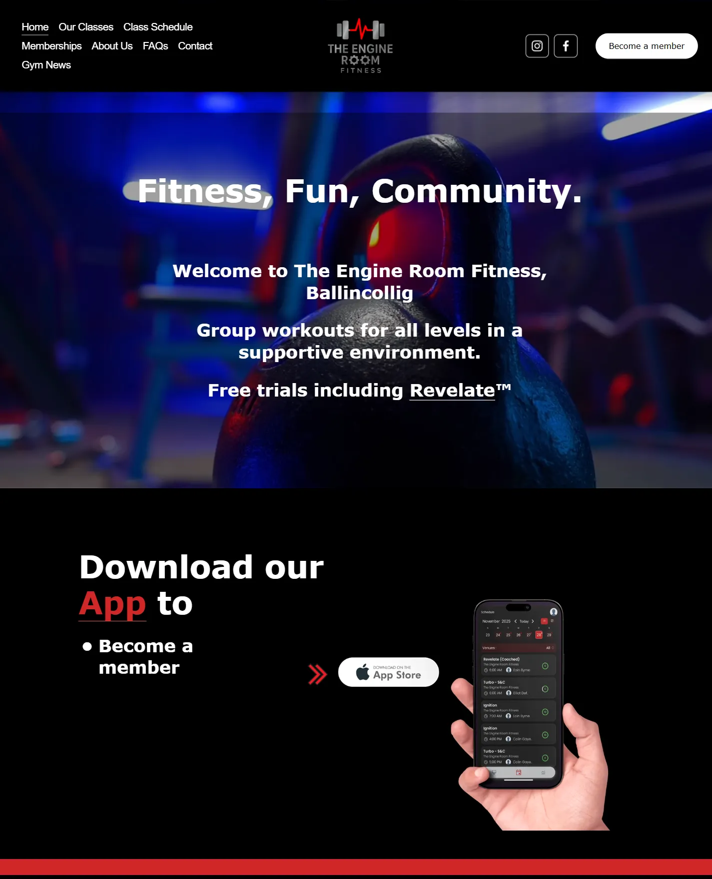 The Engine Room Fitness home page before: a short hero with a heading, two lines of copy and one app-download block