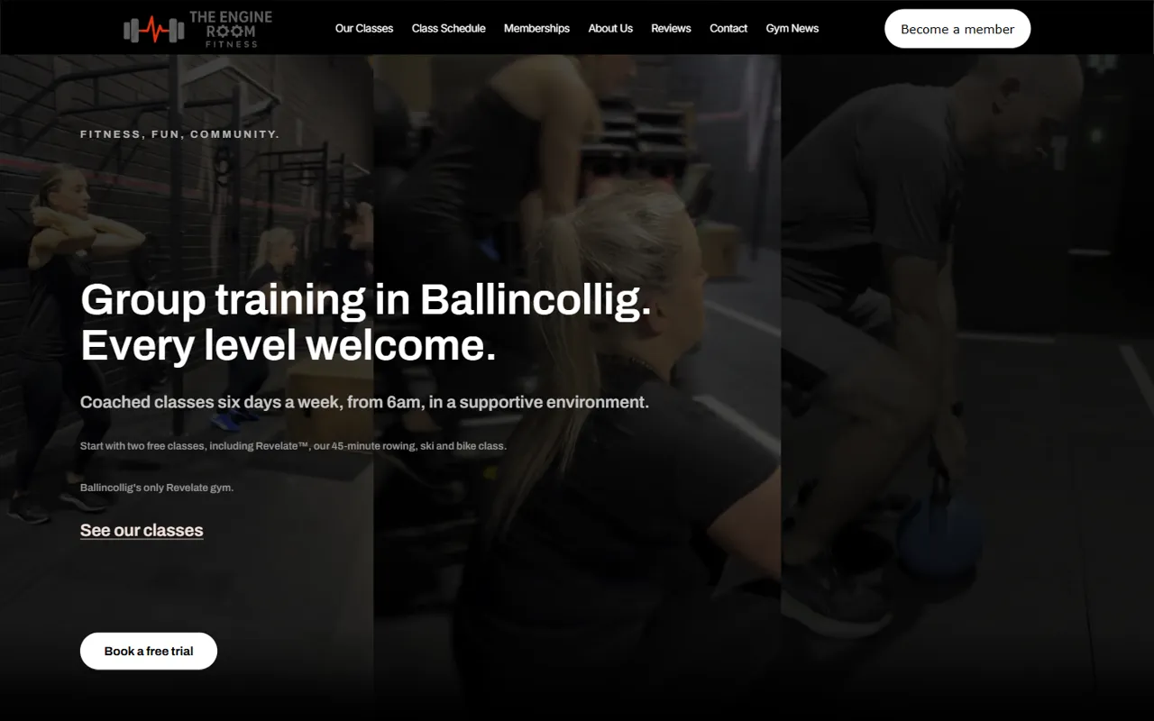 The Engine Room Fitness home page hero after the rebuild: photo, heading, one line of copy and a free-trial button