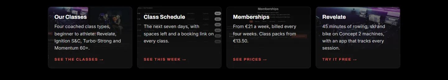 The four shortcut cards on the rebuilt home page: Our Classes, Class Schedule, Memberships and Revelate, each with a faded page screenshot behind the text