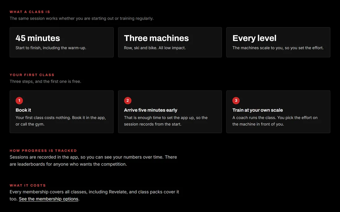 The three fact tiles and the three-step first class on the refreshed Revelate page