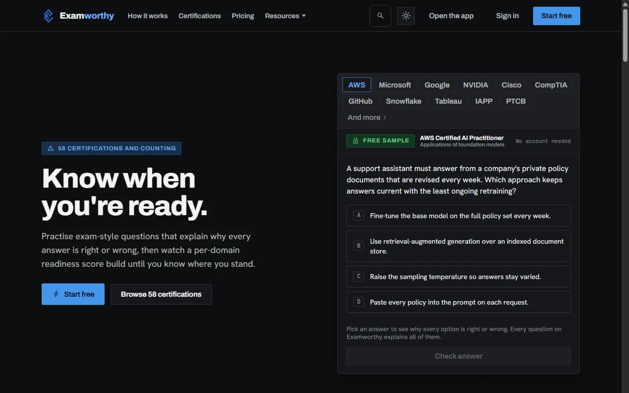 Examworthy homepage, showing a sample certification question
