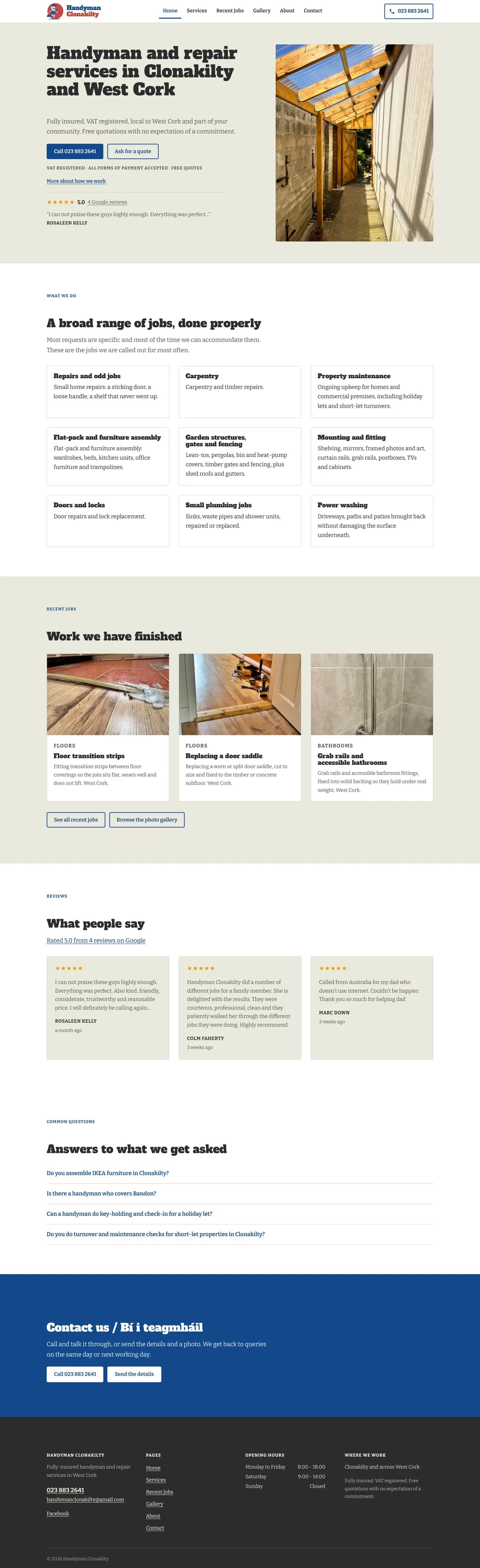Handyman Clonakilty on Astro: headline with a job photo, services grid, recent jobs, reviews, common questions and a contact band