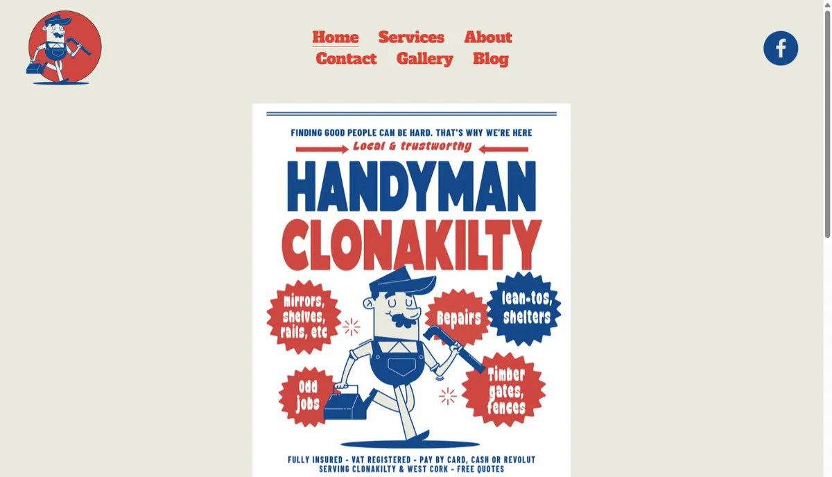 Handyman Clonakilty on Squarespace as inherited: a two-row text menu, then a printed poster used as the hero image