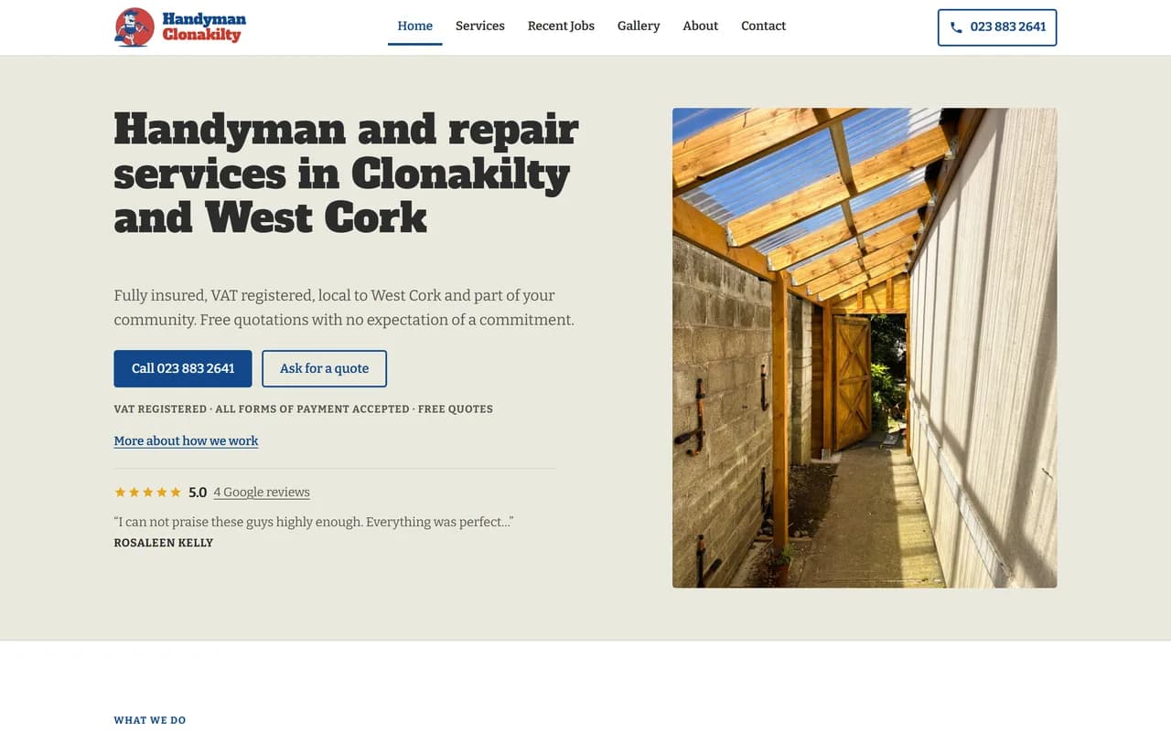 Handyman Clonakilty home page on desktop after the migration: headline, call and quote buttons, a job photo