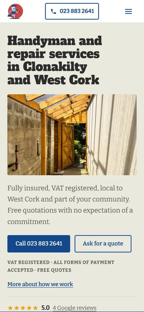 The migrated Handyman Clonakilty home page on a phone
