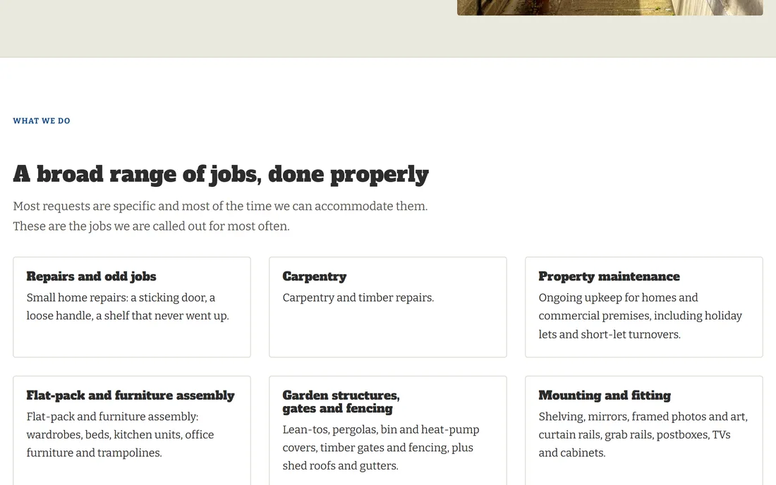 The nine-job services grid on the migrated Handyman Clonakilty home page