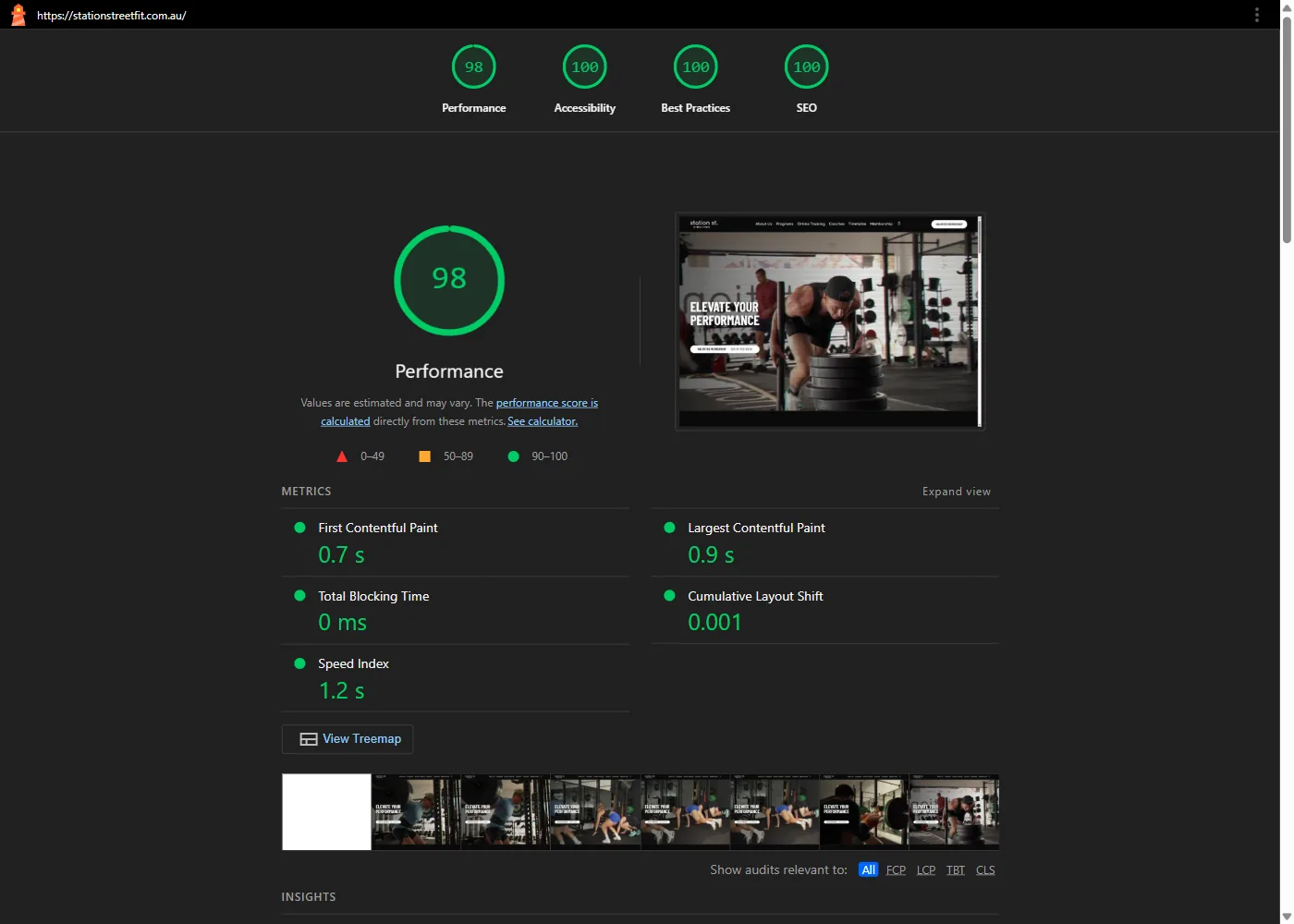 Lighthouse desktop report for stationstreetfit.com.au: Performance 98, Accessibility 100, Best Practices 100, SEO 100, with every Core Web Vital in the green band