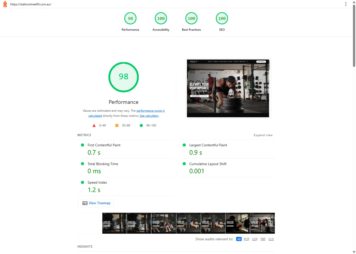 Lighthouse desktop report for stationstreetfit.com.au: Performance 98, Accessibility 100, Best Practices 100, SEO 100, with every Core Web Vital in the green band