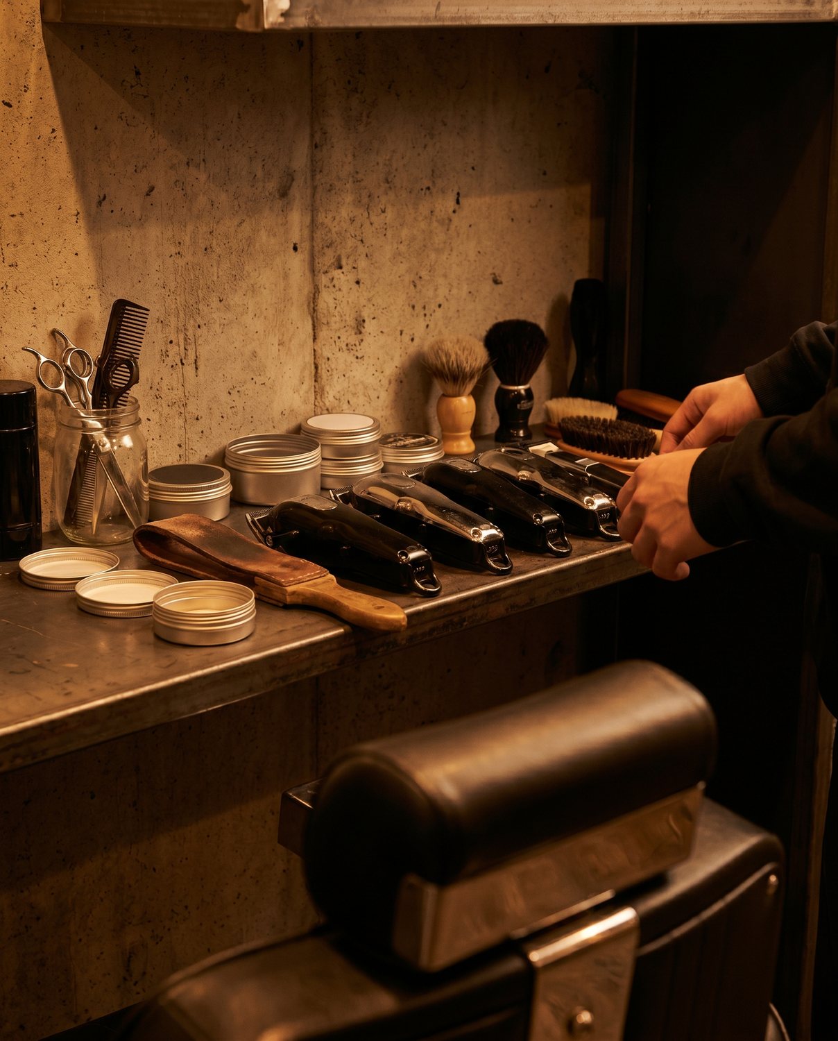 Clippers, pomade tins and a leather strop on a steel shelf
