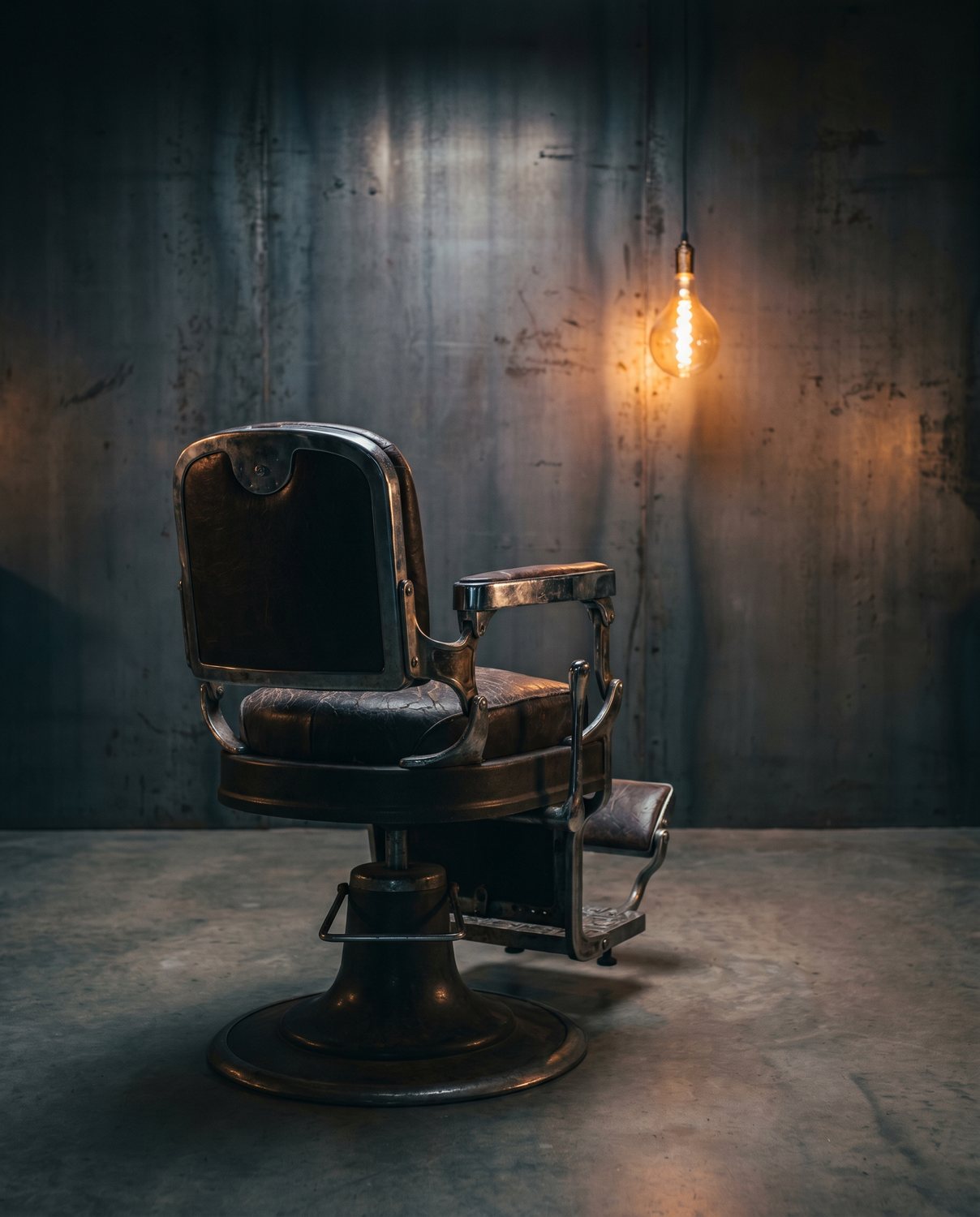 A heavy vintage cast-iron barber chair with worn leather