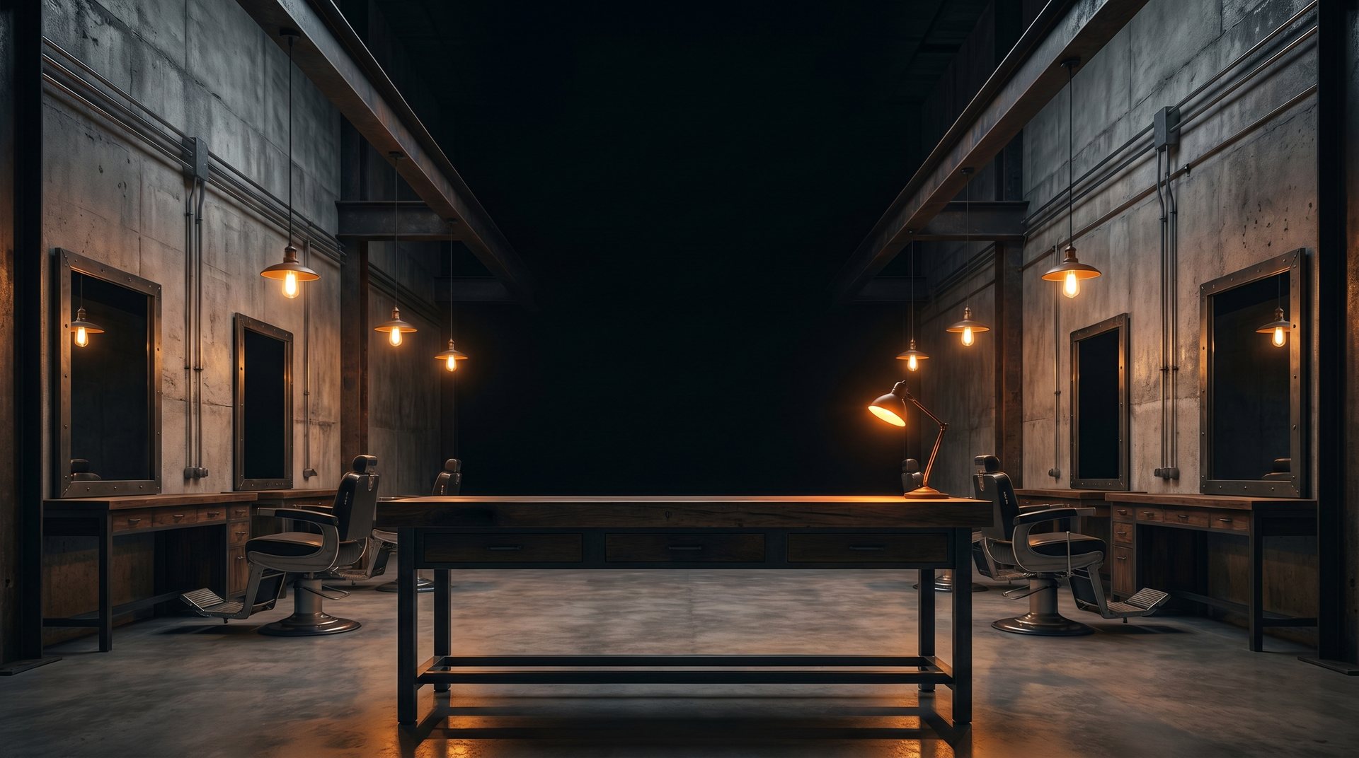 The raw industrial barbershop floor with steel stations