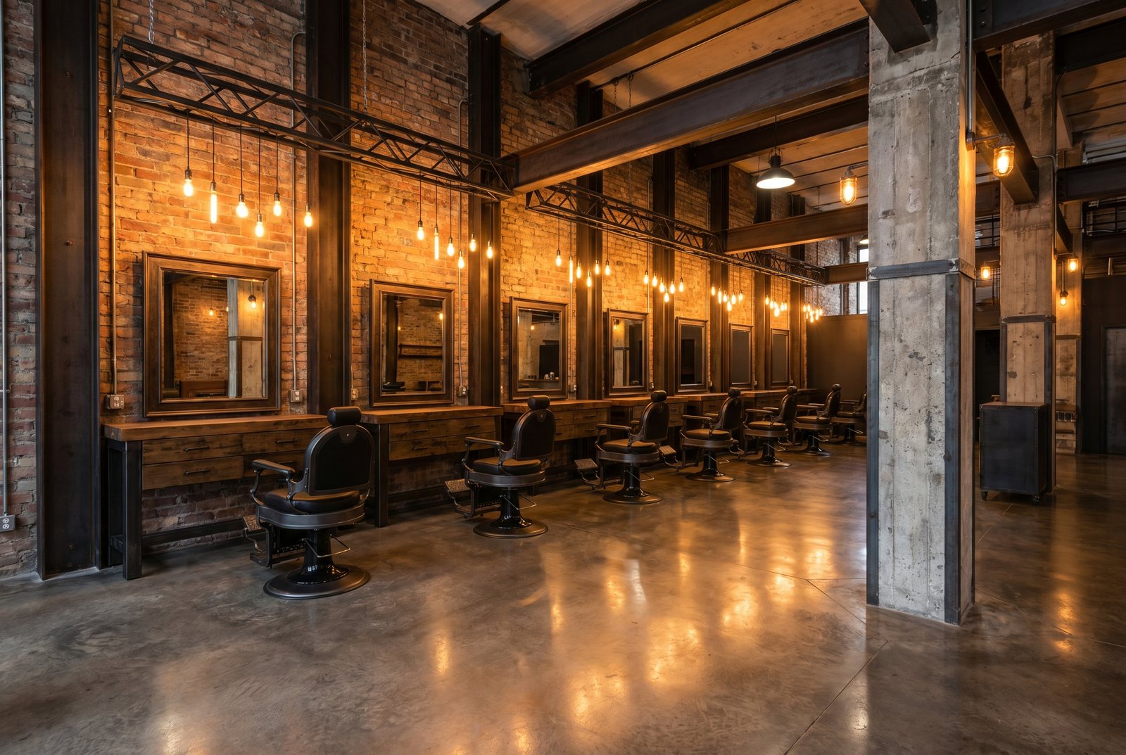 The concrete-and-steel barbershop interior under amber light