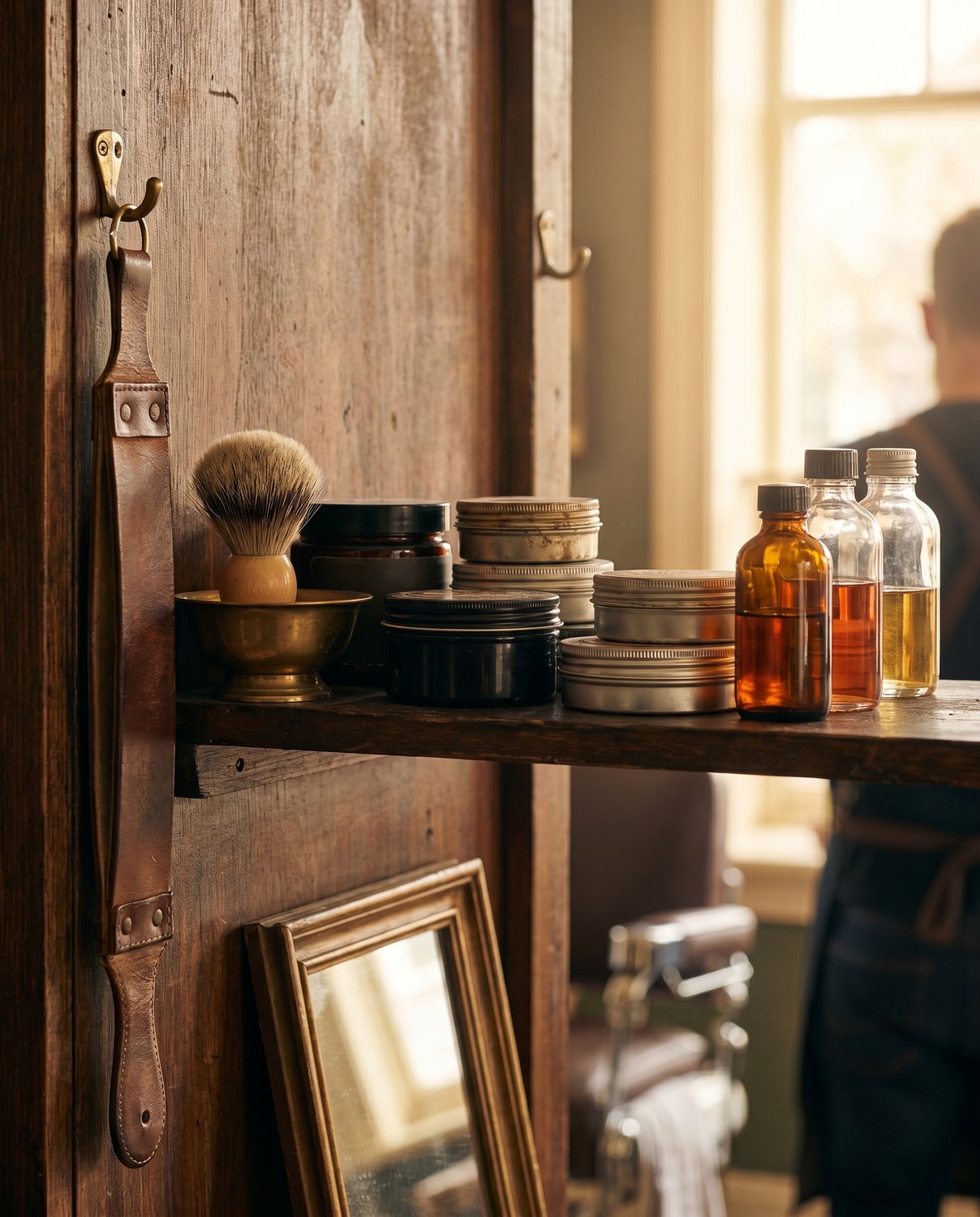 A vintage backbar of pomade tins, a leather strop and glass bottles