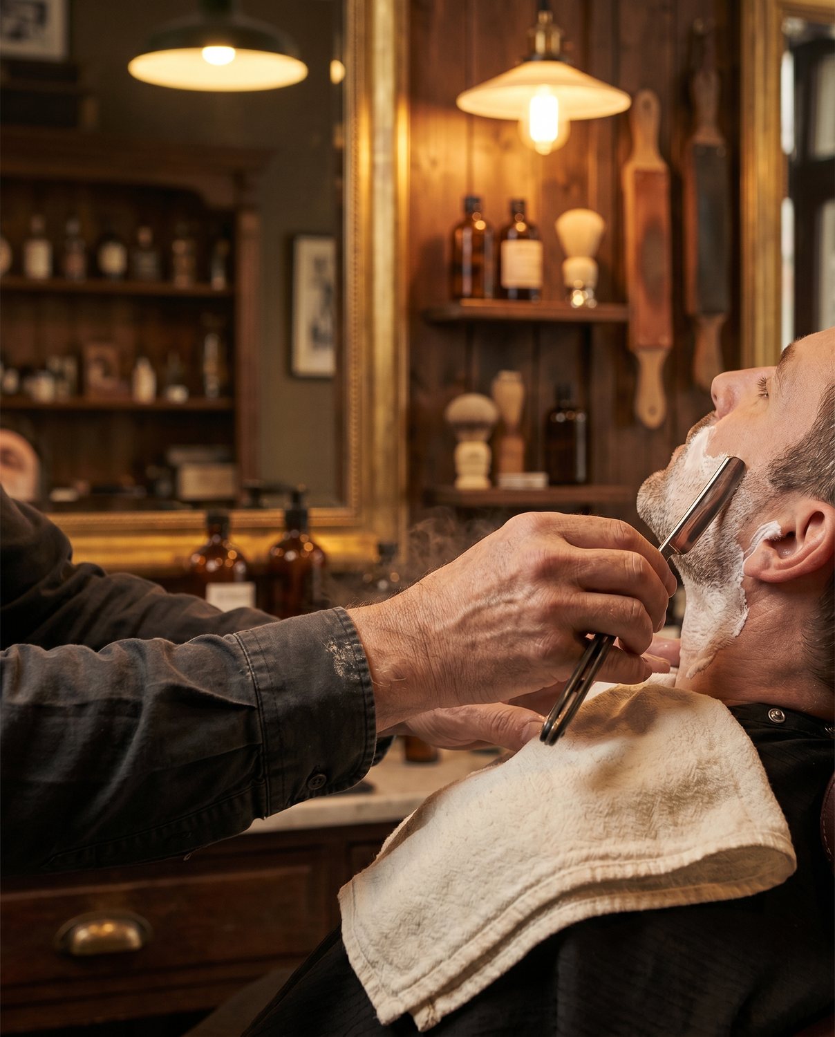 A hot-towel straight-razor beard trim in progress, hands only