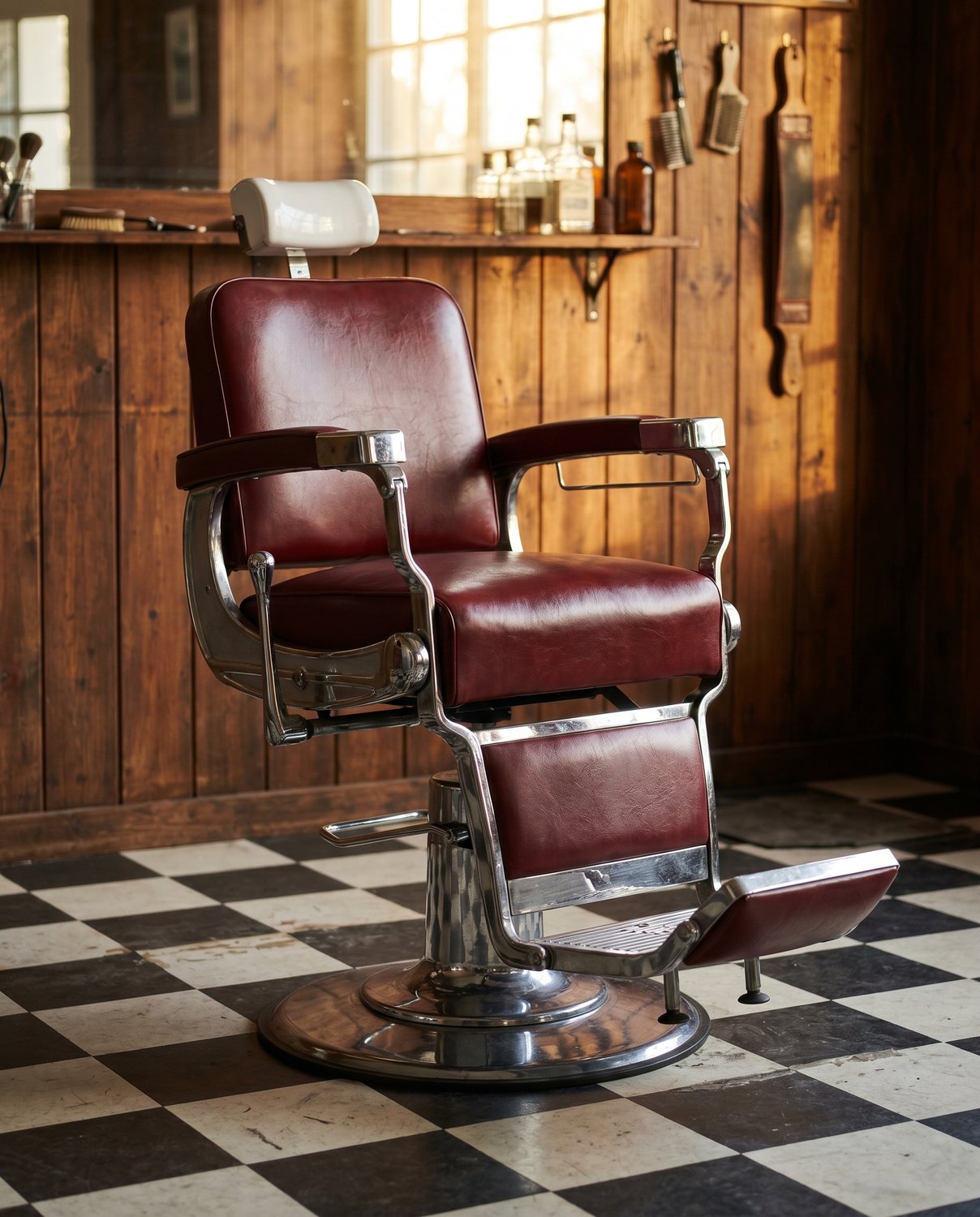 A classic 1950s oxblood-leather and chrome barber chair