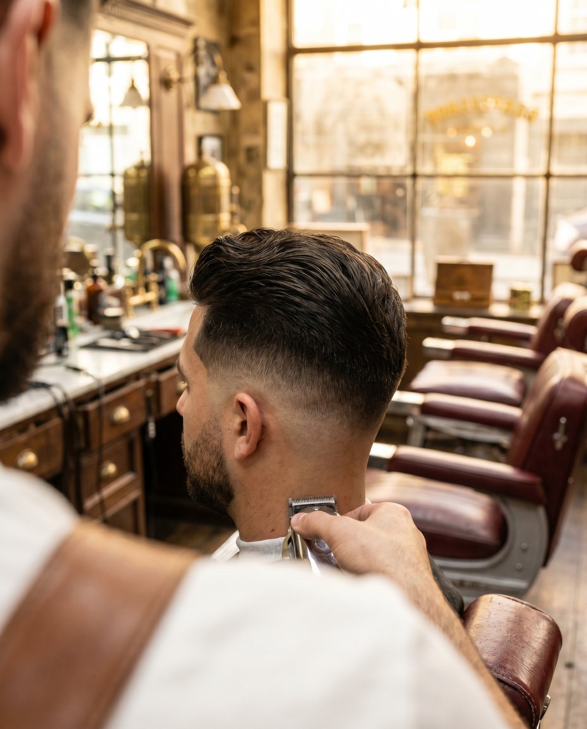 A classic taper seen from the back of the head in warm light