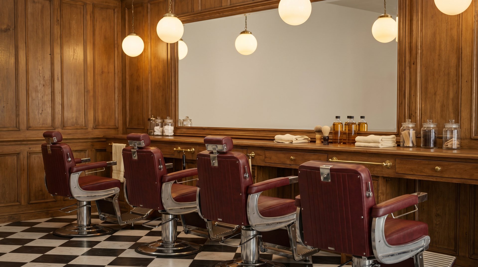 Oxblood leather chairs and aged timber along the length of the shop