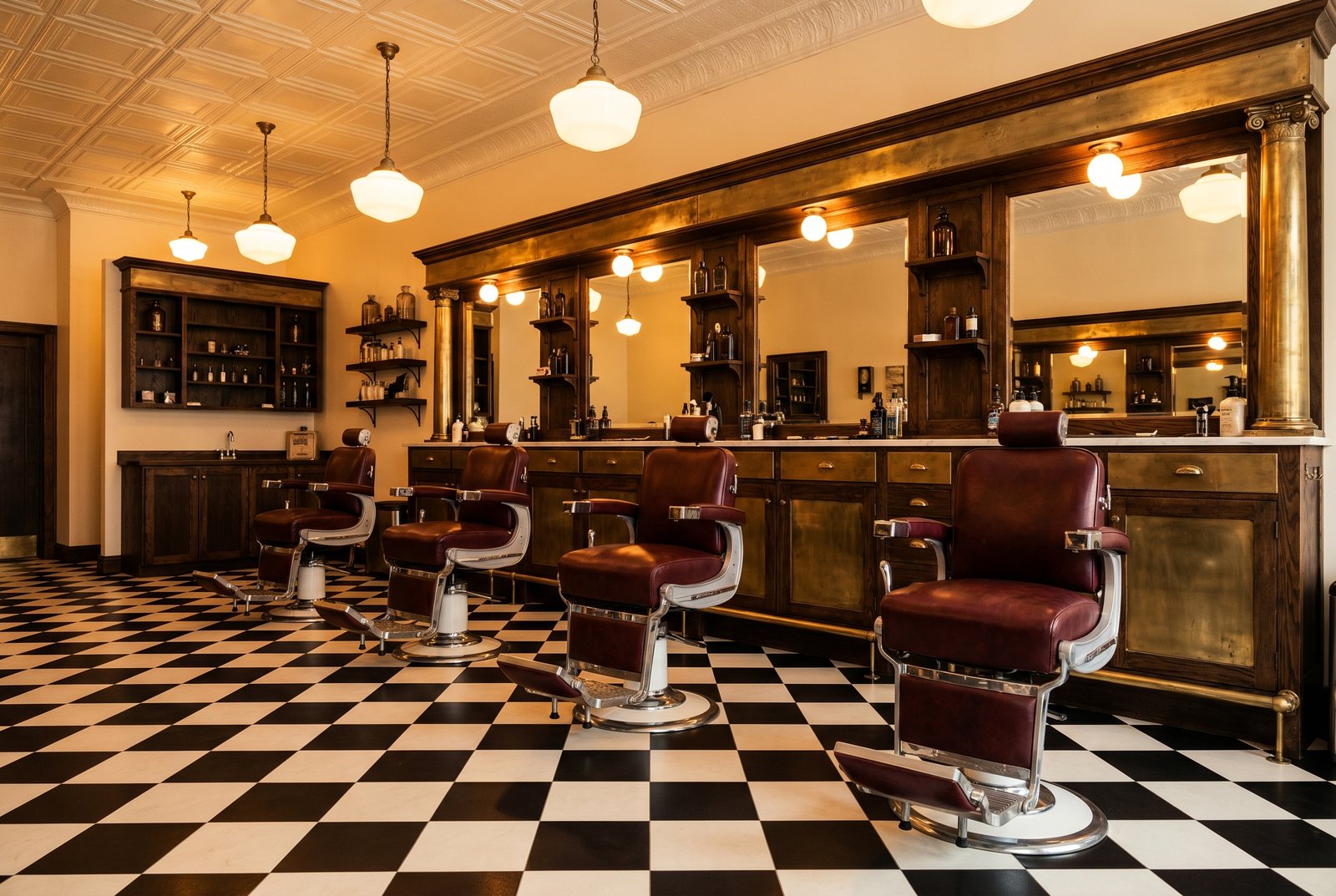 The warm vintage interior of Maple Street Barbers with a chequerboard floor