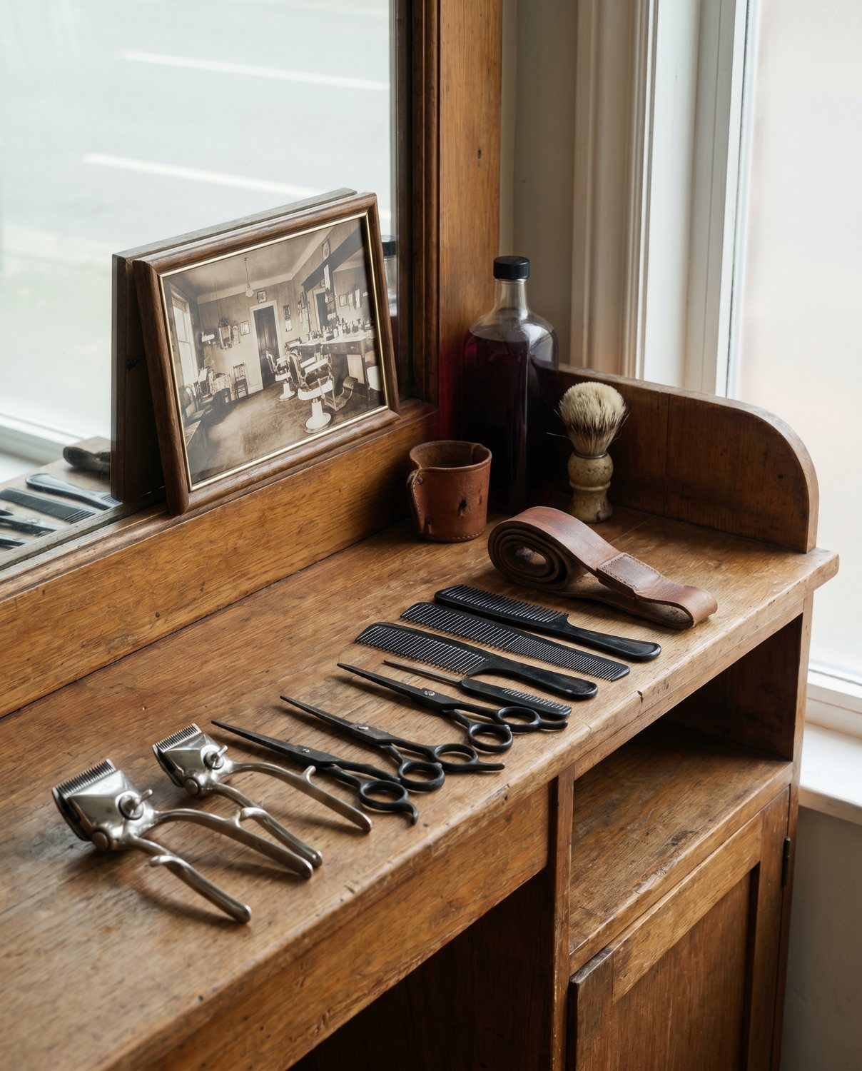 A neat row of clippers and combs on a marble backbar