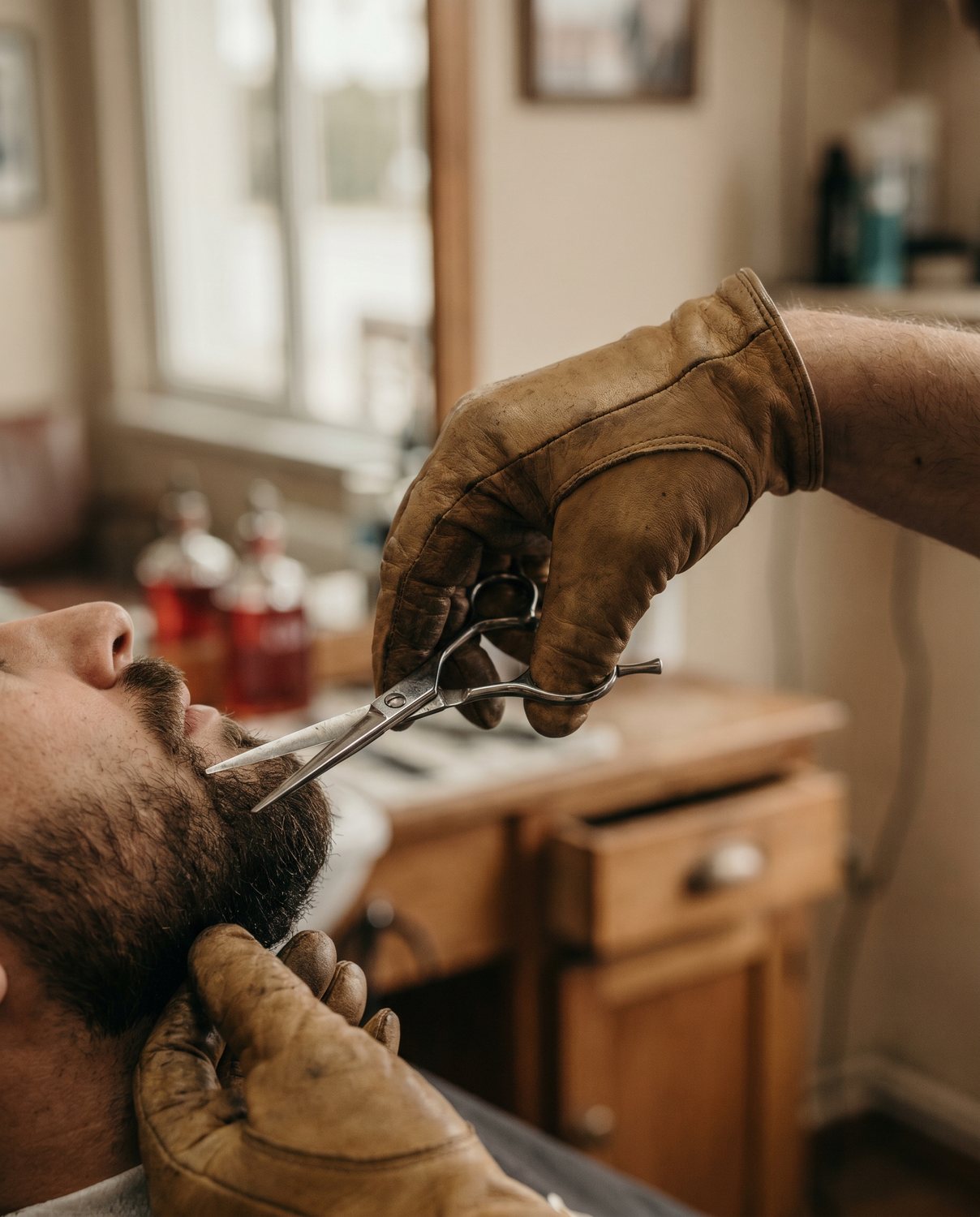 A beard trim in progress, clippers in hand