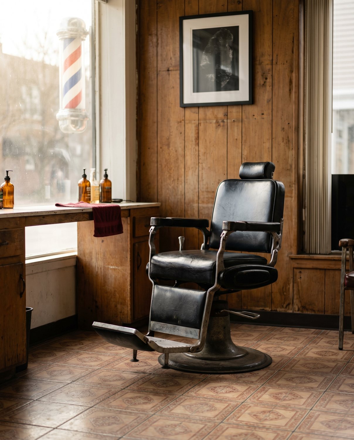 A single antique-style barber chair under window light