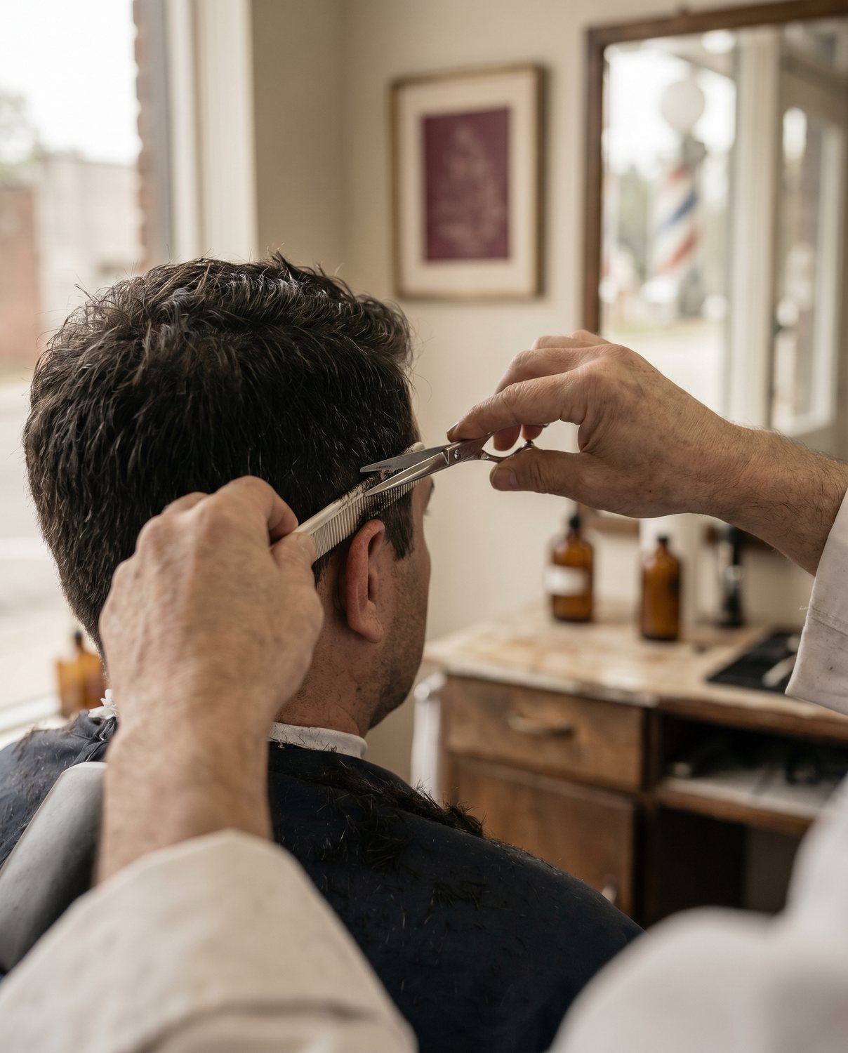A precise scissor cut on the side of a man's head