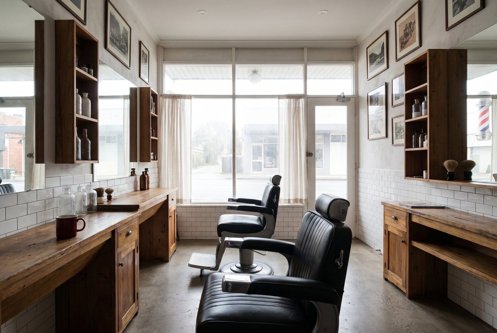 A calm, established barbershop interior with white tile and framed prints