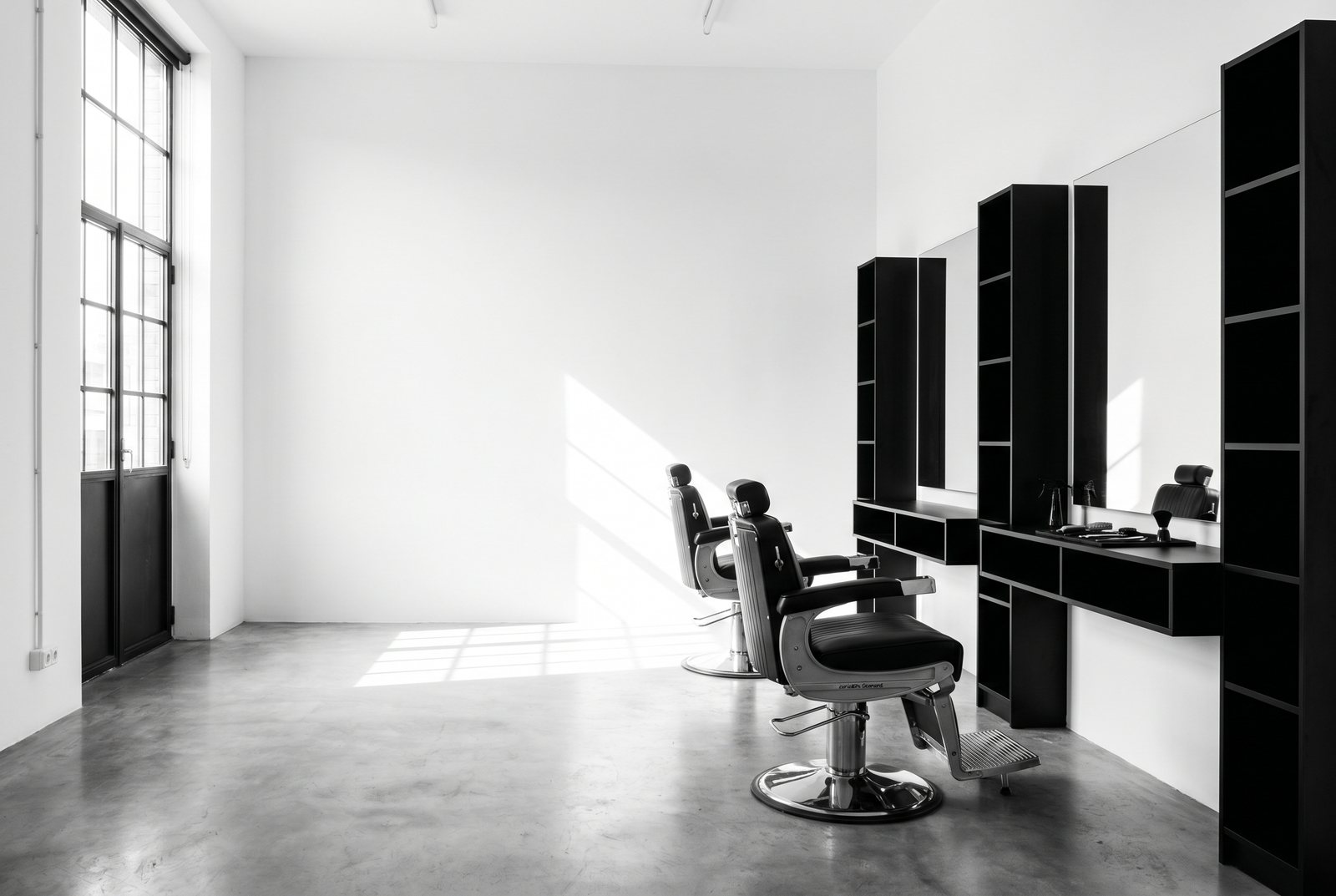 A minimal black-and-white barbershop interior