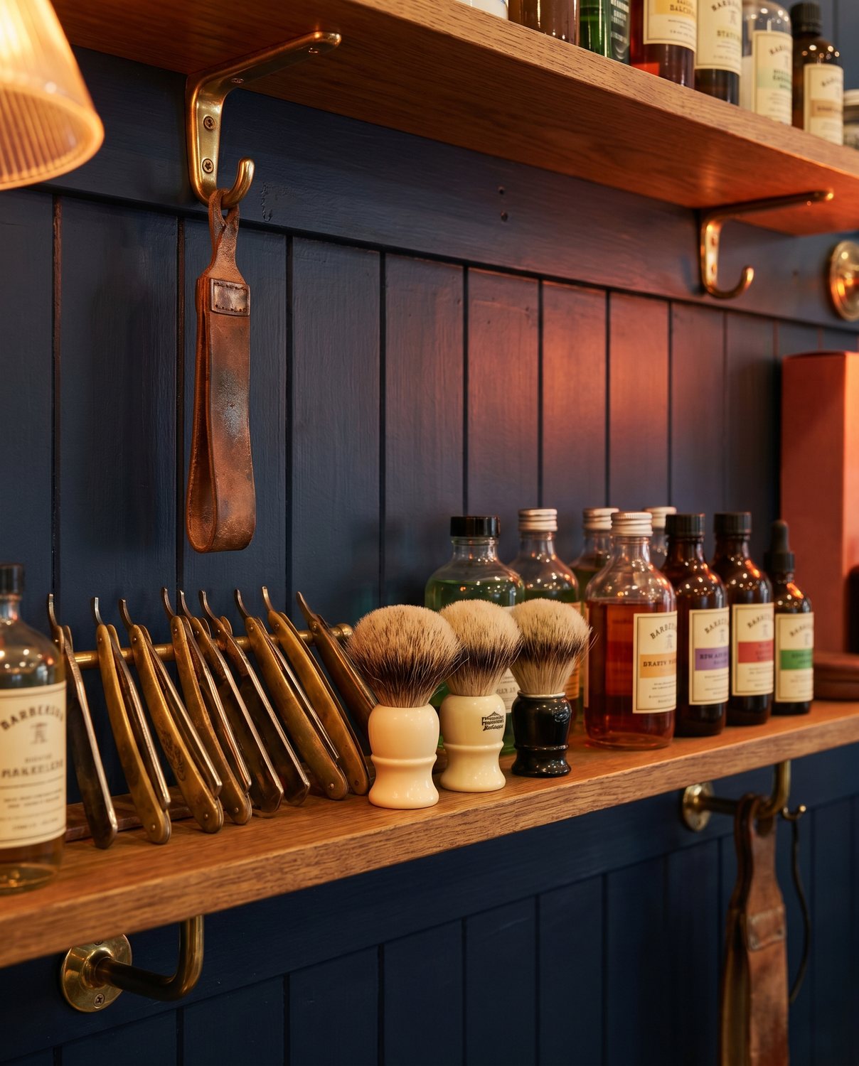 A vintage backbar of straight razors, badger brushes and brass
