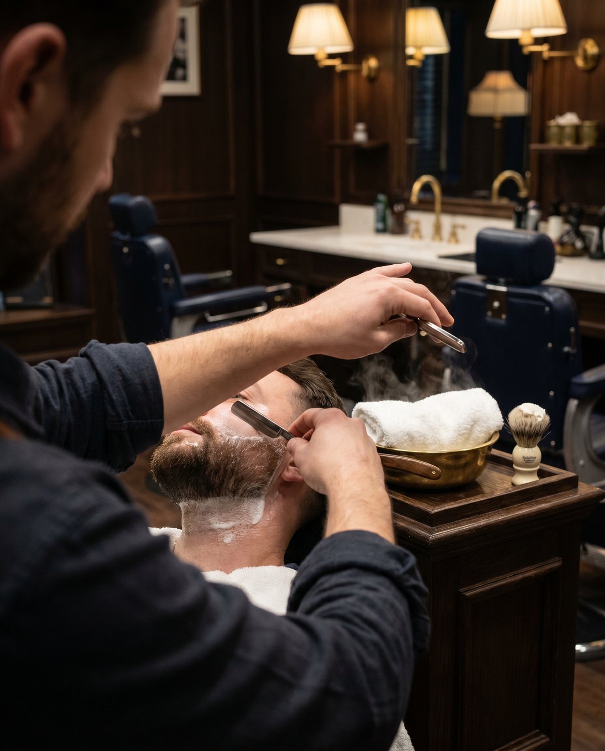 A traditional hot-towel straight-razor beard line-up, hands only