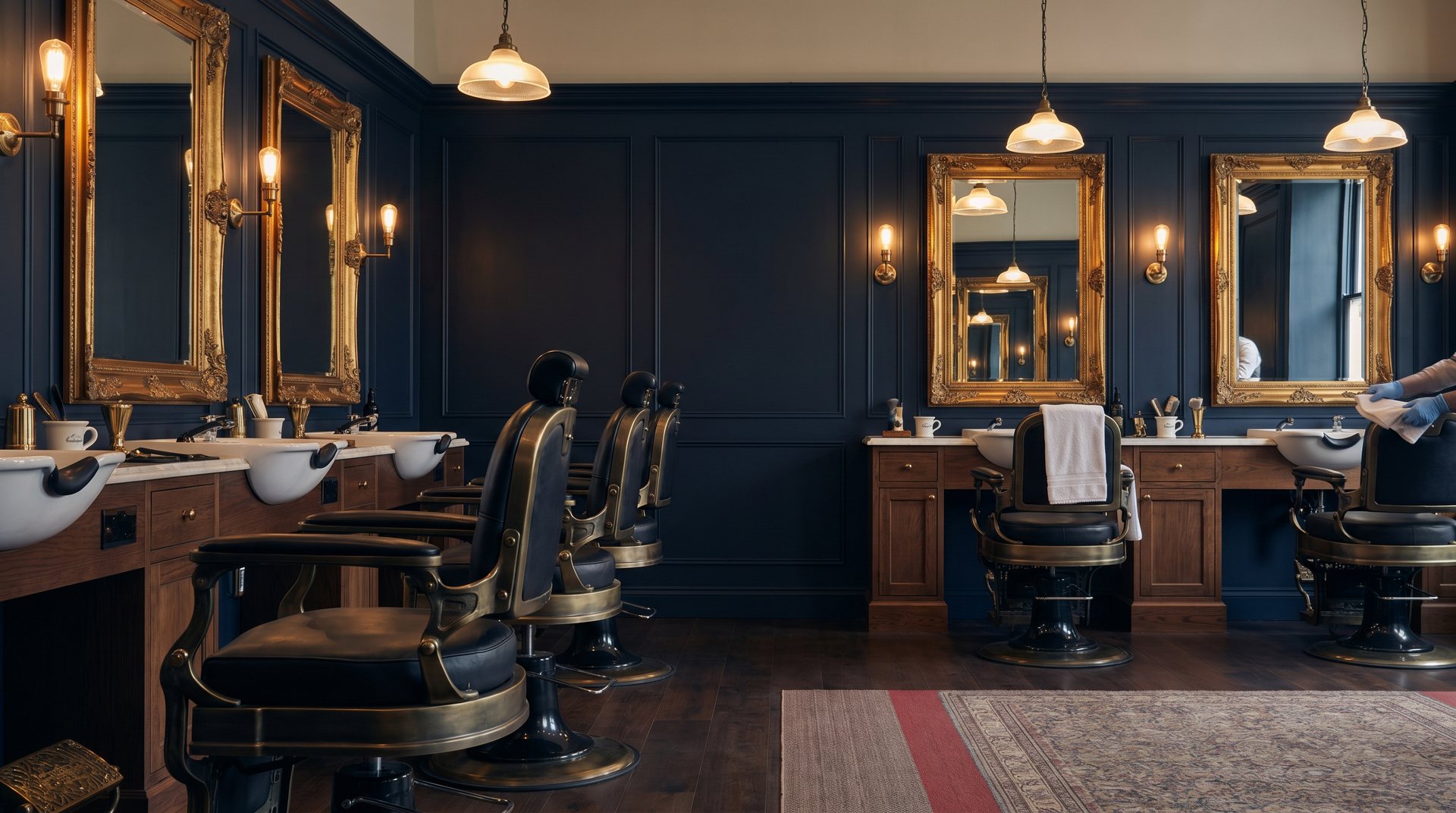 A classic traditional barbershop in dark timber and brass