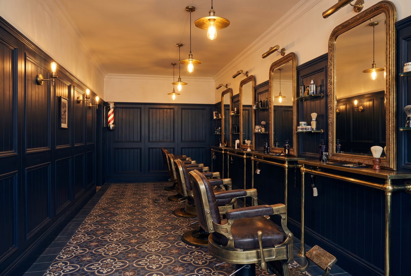The timber-panelled interior of a traditional barbershop
