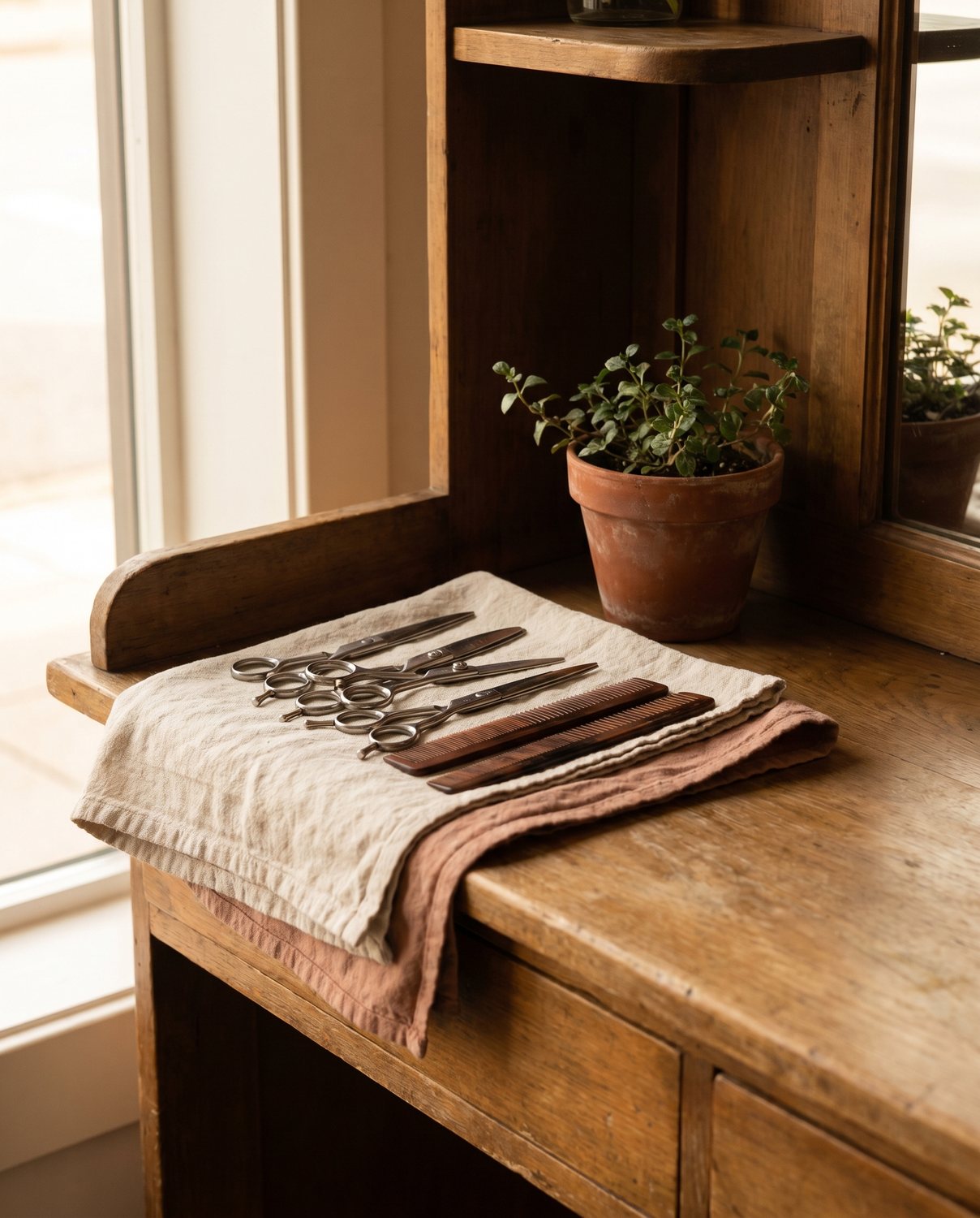 A simple wooden backbar with combs and a single plant