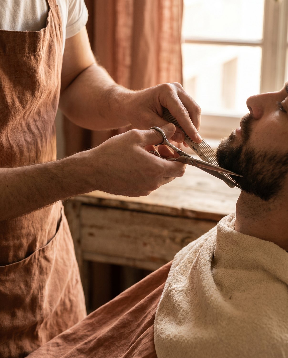 A beard trim in progress, scissors in hand