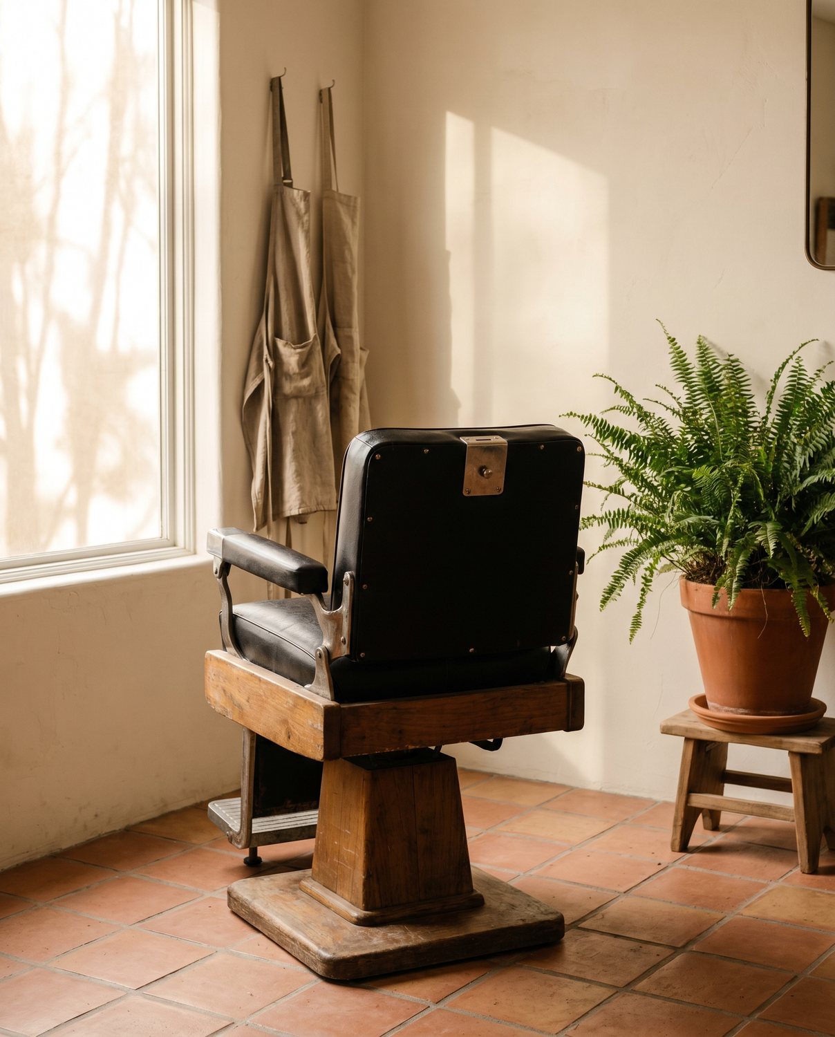 A single barber chair beside a clay floor and cream wall