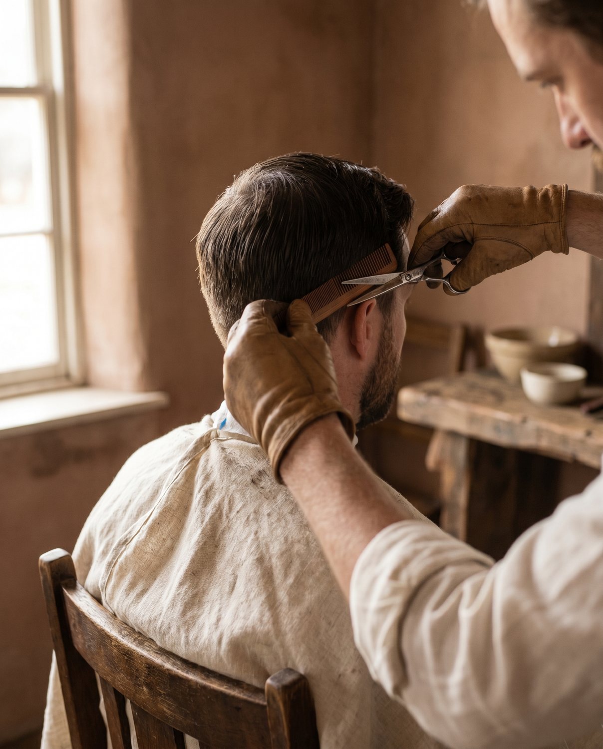 A close-up of a measured scissor cut on the side of a man's head