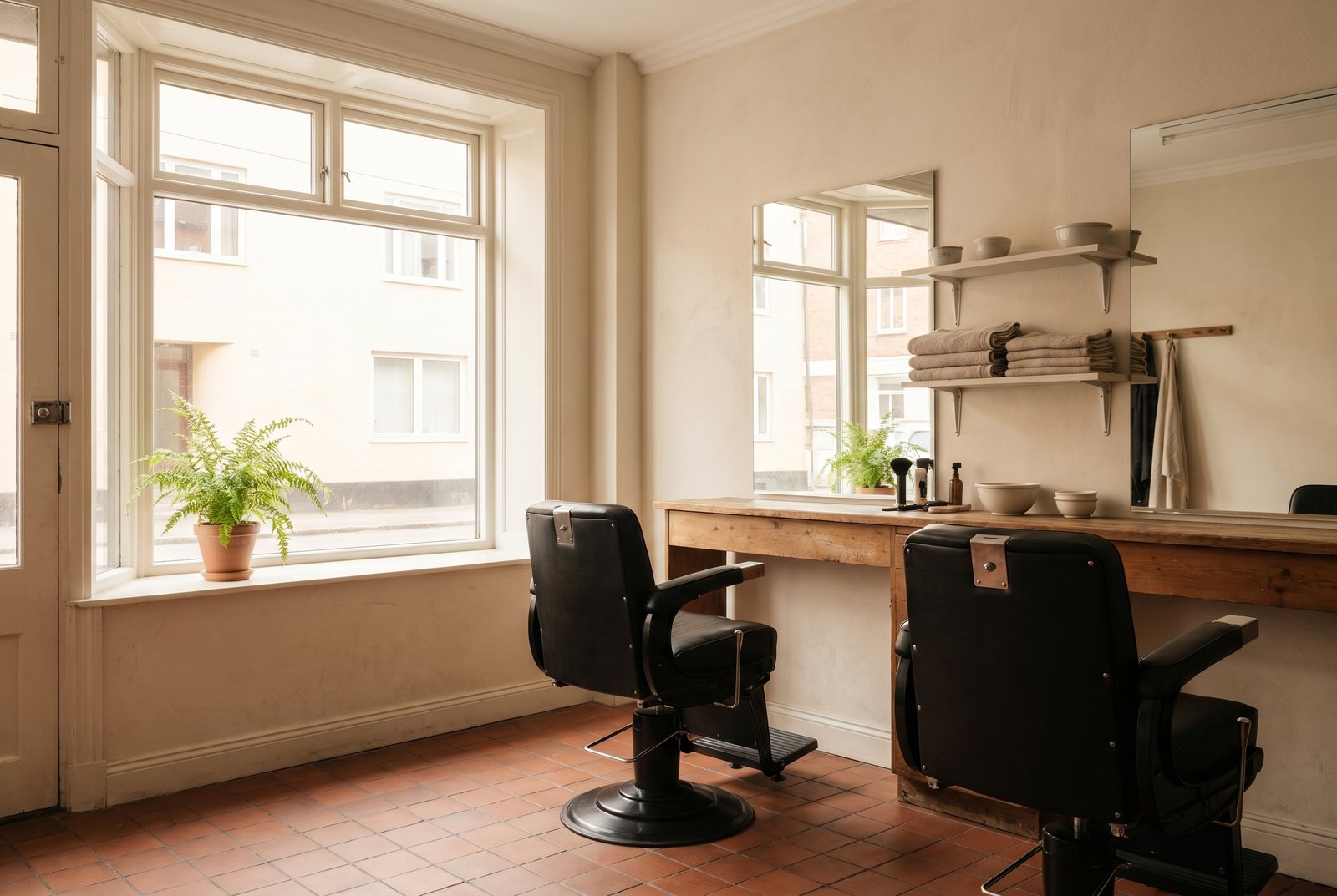 A warm, calm barbershop interior with cream walls and linen-toned wood