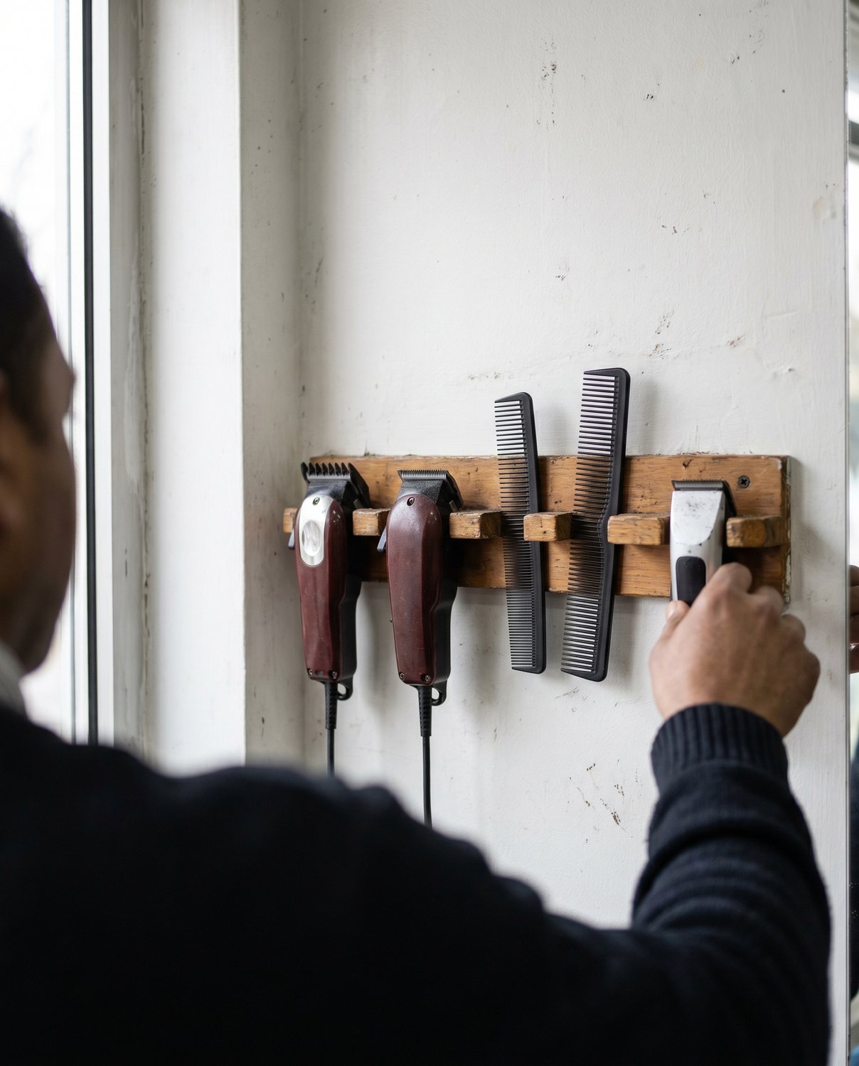 A plain backbar with combs, scissors and clippers