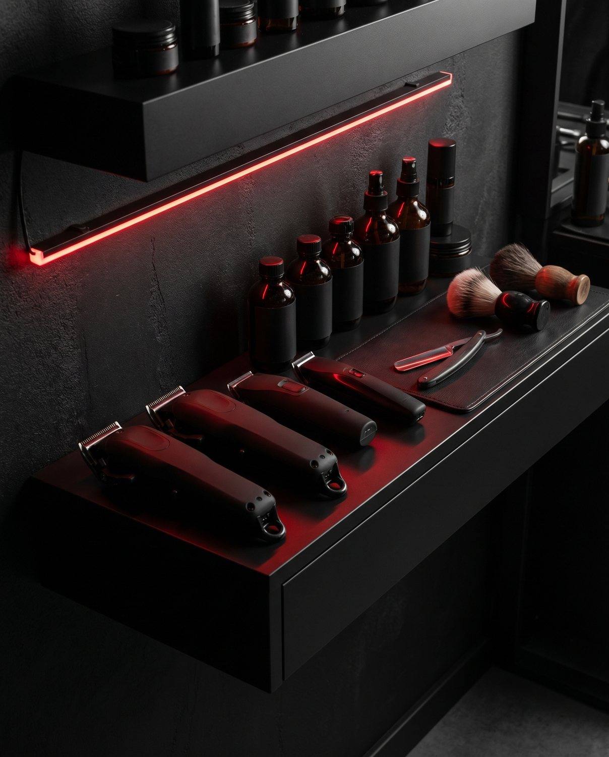 A matte-black backbar of clippers and product under red neon