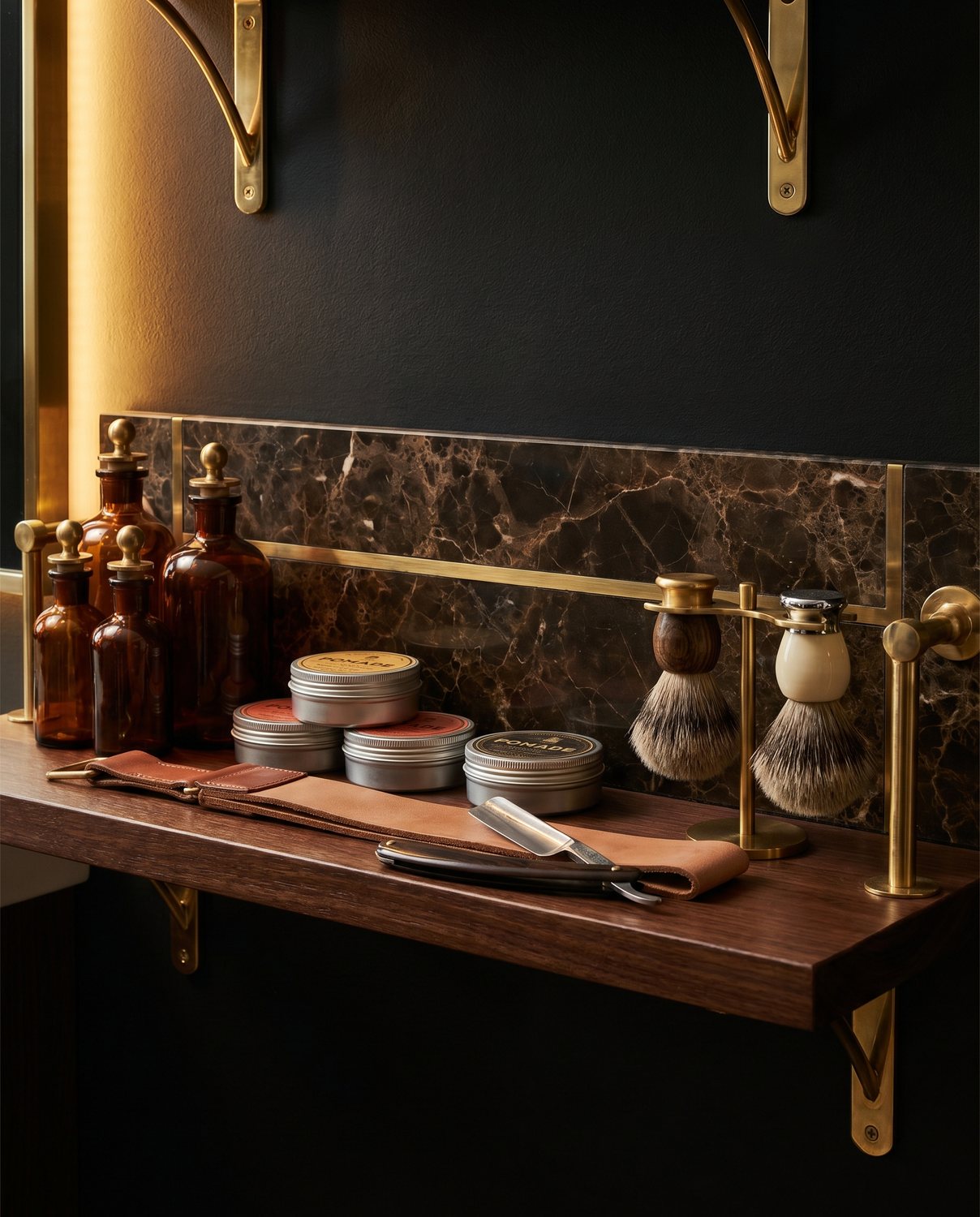 A premium backbar of pomades, a straight razor and brushes