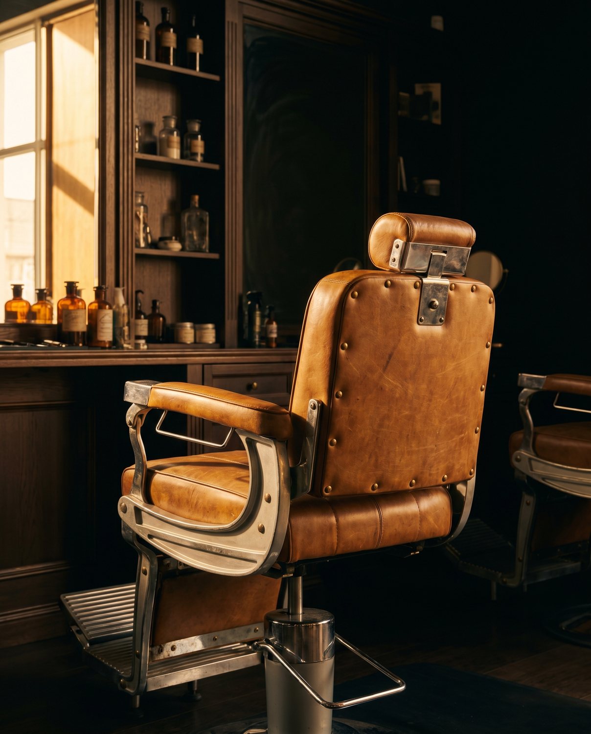 A classic leather and chrome barber chair