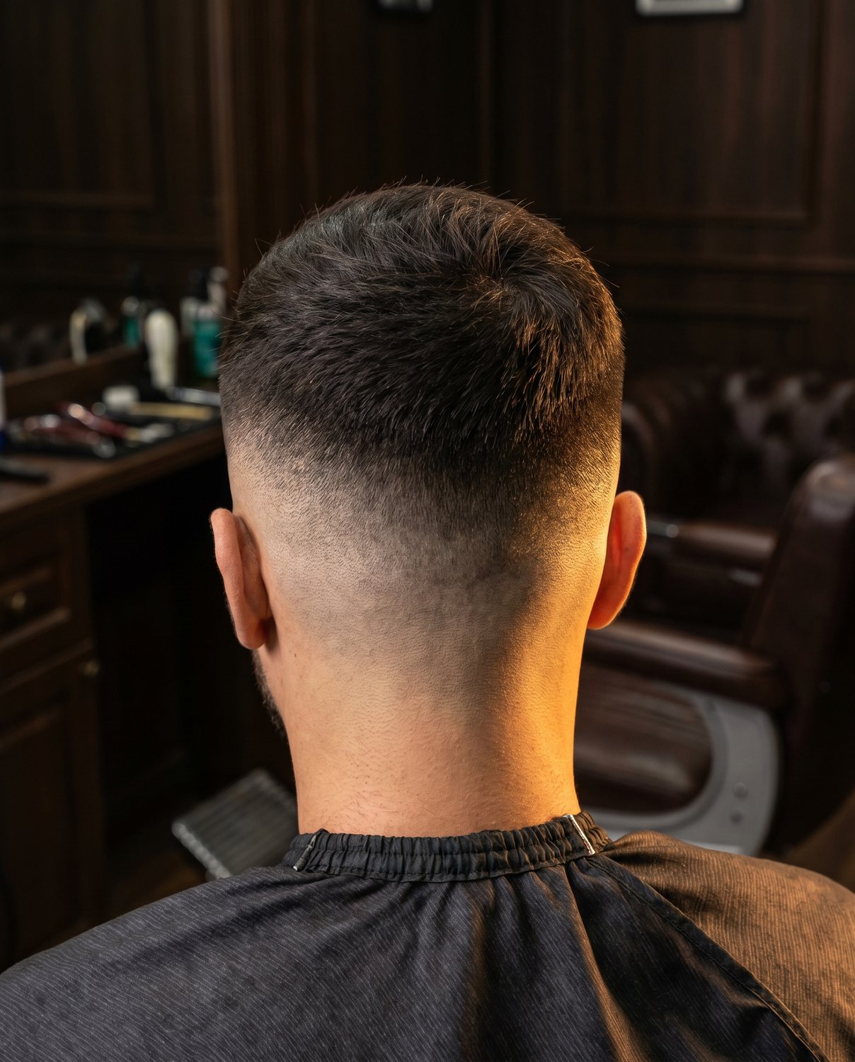 A crisp skin fade seen from the back of the head
