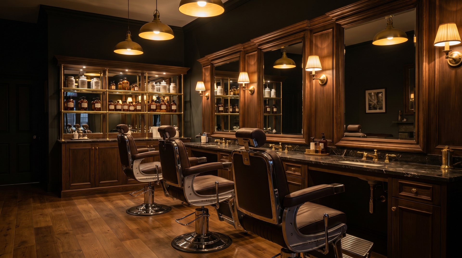 Leather chairs and mirrors along the length of the shop