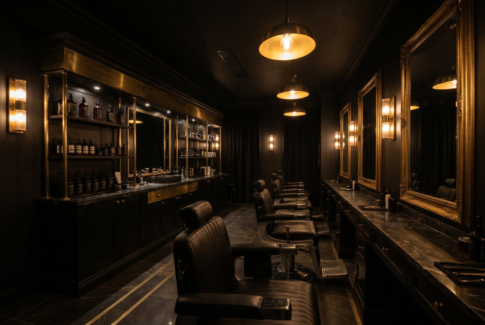 The dark, upscale interior of Sovereign Barber Co at night