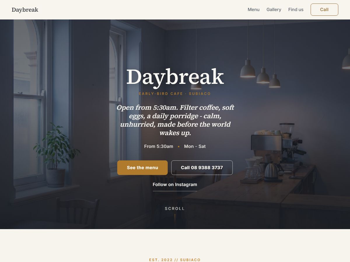 Daybreak café website design preview